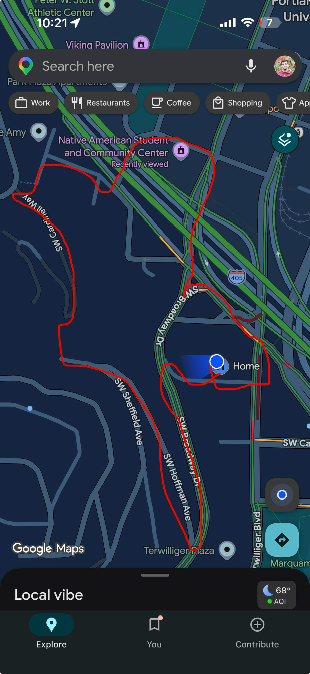 Route map for Broadway toward PSU