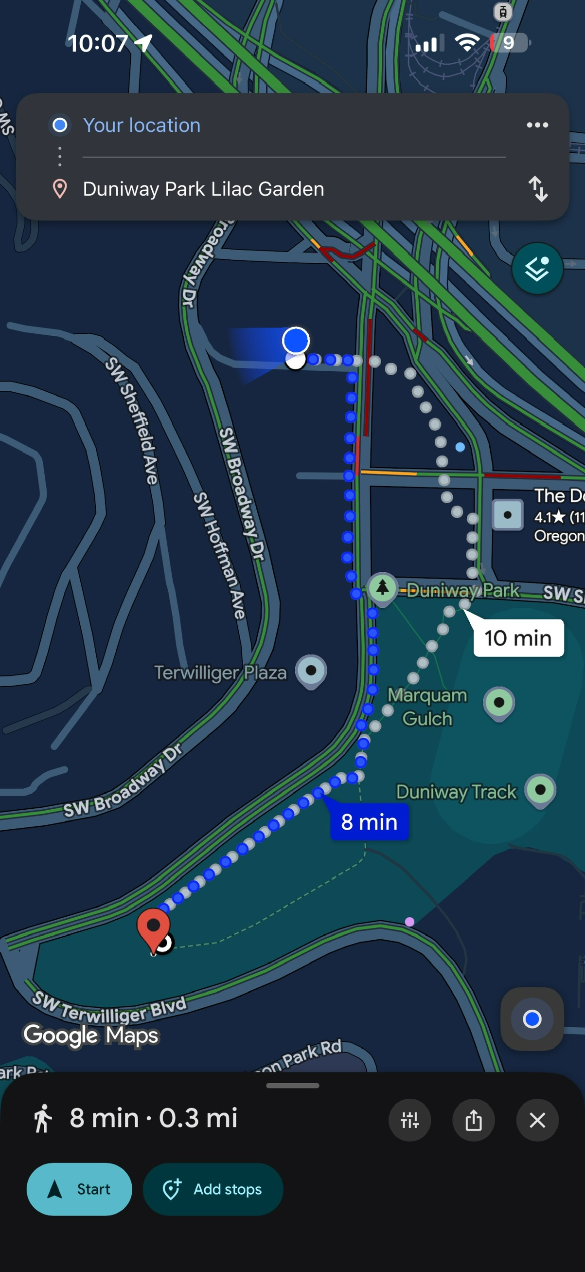 Route map for Duniway Park