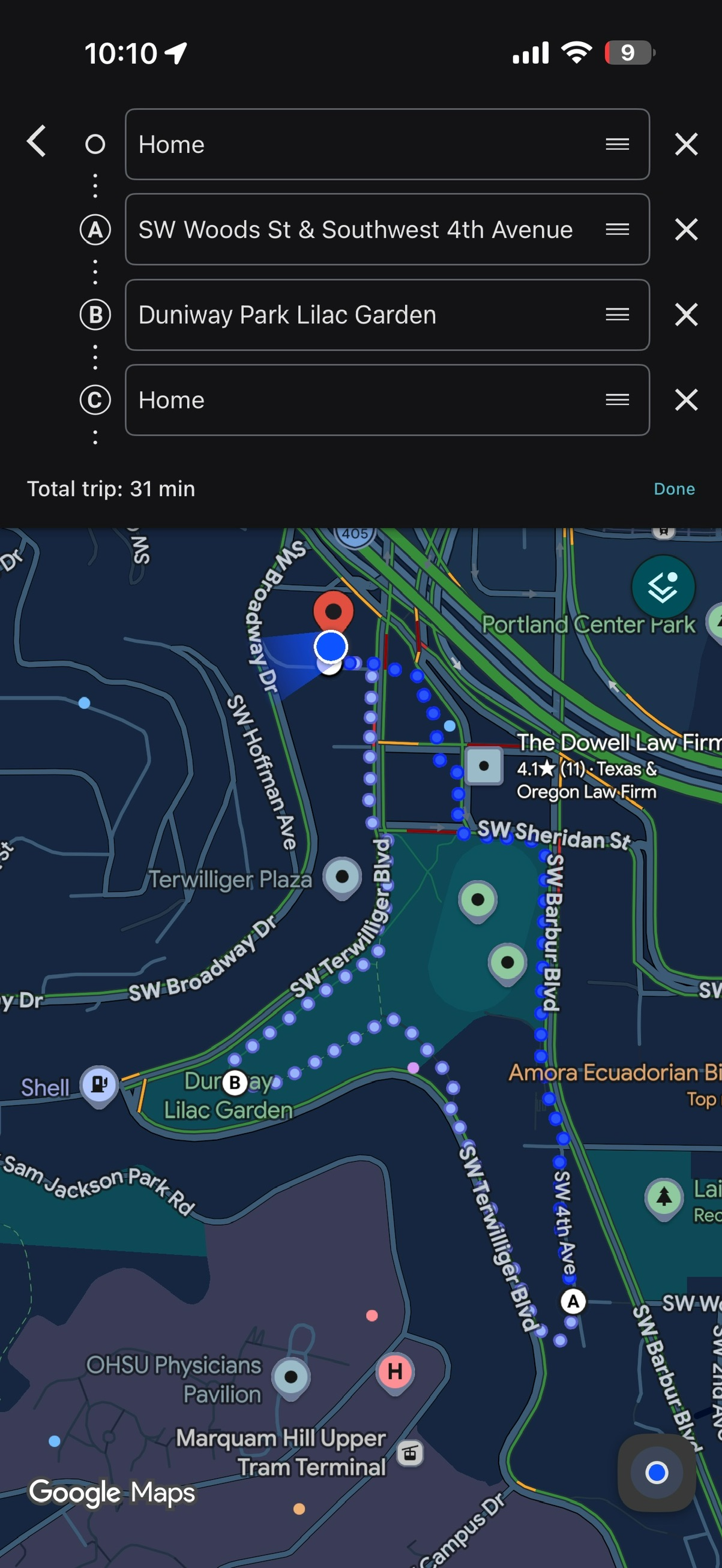 Route map for Duniway Track and Terwilliger Boulevard